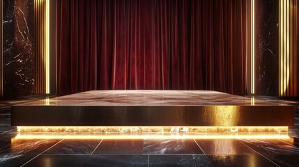 A polished wooden platform with subtle gold accents and soft ambient lighting, The backdrop features deep crimson curtains