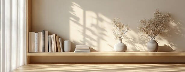 afternoon time at library, relaxing at home reading books vase dried flower shelf sunshine, take it easy and enjoy life, wallpaper Wall art, background with copy space