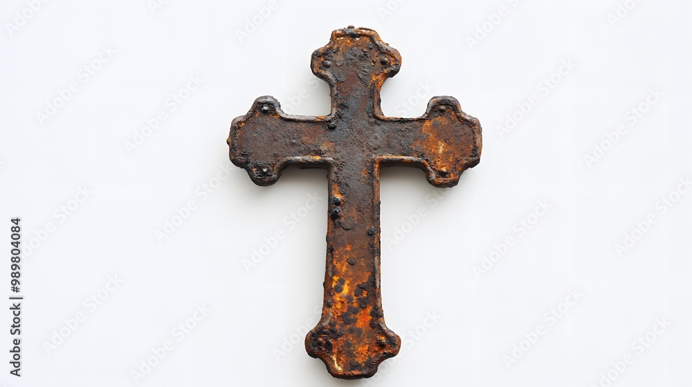 Poster 7. an ancient, weathered cross made from iron, with intricate rust patterns, placed in stark contras