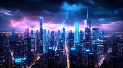 Fototapeta premium Thunderstorm Over Cityscape with Dramatic Lightning