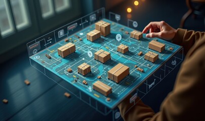 Fototapeta premium A futuristic, digital logistics and supply chain planning interface displaying packages on a holographic board, ideal for technology, logistics, and business strategy themes.