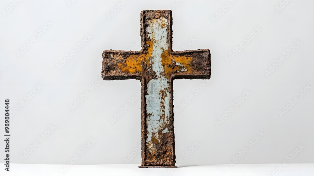 Poster 7. an ancient, weathered cross made from iron, with intricate rust patterns, placed in stark contras