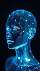 Futuristic digital artwork of a glowing human head, symbolizing artificial intelligence, technology, and advanced data processing. Ideal for tech, AI, and innovation themes.