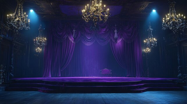 A Victorian-style stage with velvet-covered platforms and dimmed chandelier lighting, The backdrop includes heavy purple curtains with ornate tassels