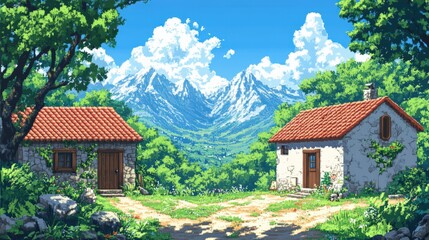 Pixel art of a rustic countryside house surrounded by nature