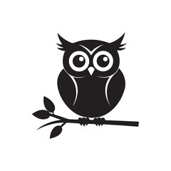A solid black owl silhouette sitting atop a tree branch
