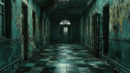 Abandoned corridor with peeling paint and dim lighting, eerie atmosphere.