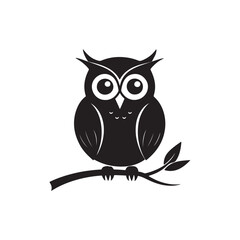 A solid black owl silhouette sitting atop a tree branch
