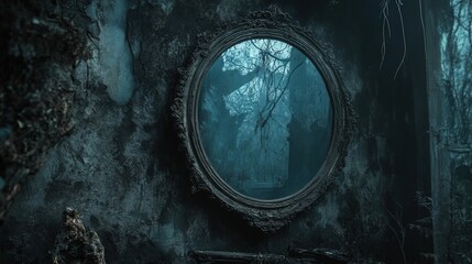 Obraz premium An eerie, abandoned mirror reflecting a haunting forest backdrop.