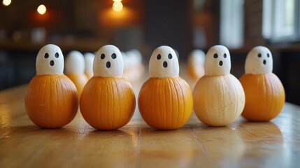 Colorful wooden ghost figures arranged in a row on a wooden table.