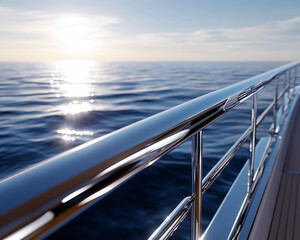 luxury yacht railing with ocean and sun reflection in background