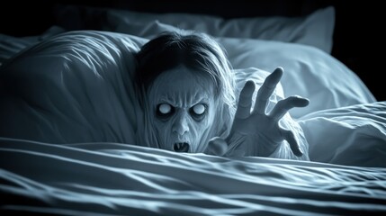 Eerie figure emerging from shadows in a dark bedroom, expressing fear and dread.