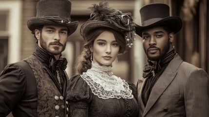 Elegant Victorian-era fashion portrait featuring three stylish individuals.
