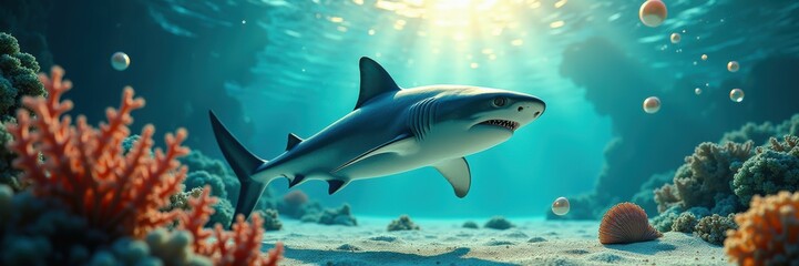 Obraz premium A striking underwater scene featuring a majestic shark swimming among vibrant coral reefs, illuminated by sunlight filtering through the waters surface.