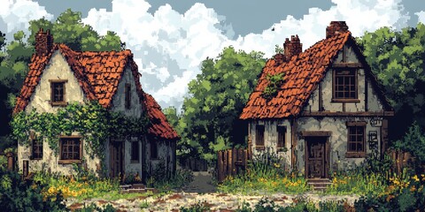 Pixel art of a rustic countryside house surrounded by nature