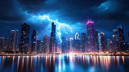 Obraz premium Thunderstorm Over Cityscape at Night