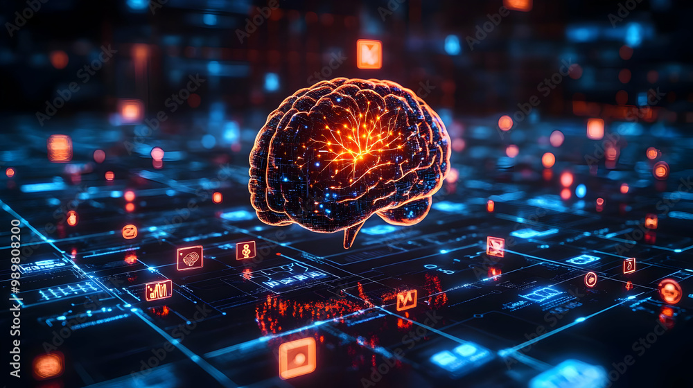 Poster digital brain surrounded by glowing technology icons and circuitry, representing artificial intellig
