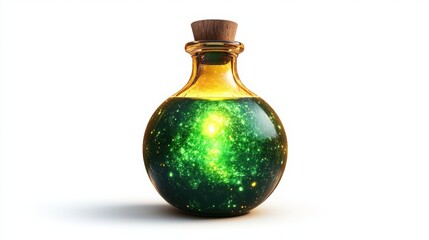 Glowing potion in a round glass bottle with cosmic elements inside, white background.