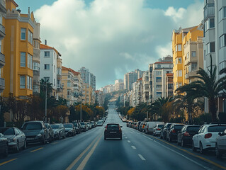 Obraz premium Vibrant Cityscape with Modern Buildings and Palm Trees in a Busy Urban Neighborhood
