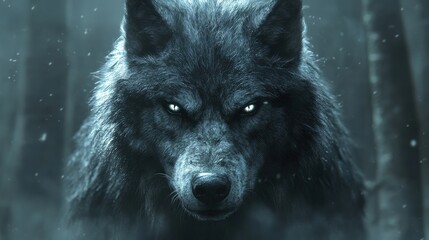 Majestic black wolf with glowing eyes in a mystical forest setting.