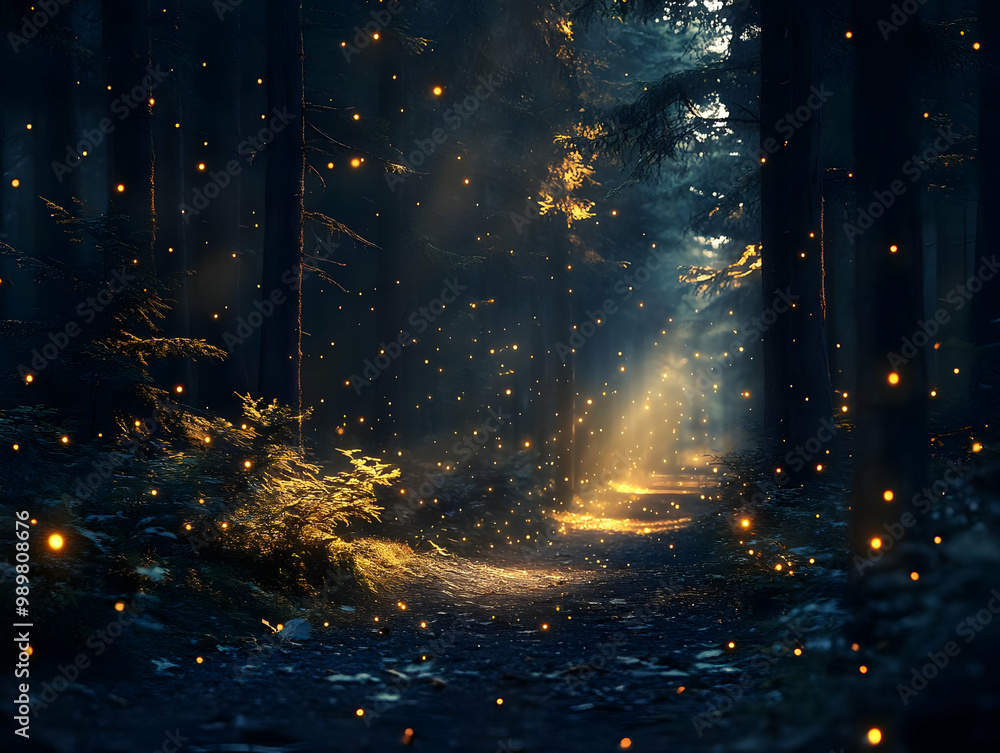 Poster mystical forest scene with sunlight filtering through trees, illuminated by glowing particles and su