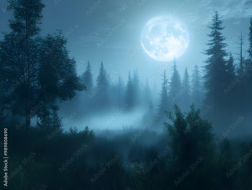 Aufkleber mysterious forest illuminated by a full moon, surrounded by fog and towering trees, creating an ench
