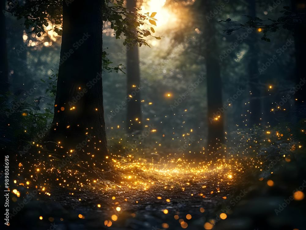 Poster a magical forest path illuminated by shimmering golden lights among tall trees, creating an enchanti