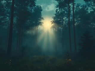 Obraz premium Mysterious forest landscape featuring sunlight beams piercing through fog in a serene, tranquil environment.