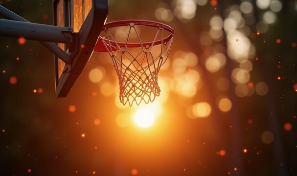 A captivating sunset behind a basketball hoop, creating a serene yet dynamic atmosphere perfect for sports, fitness, and outdoor activities.