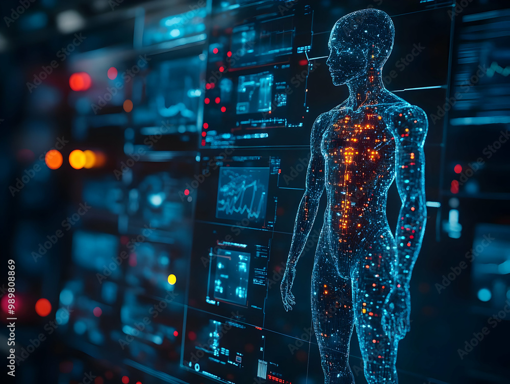 Poster futuristic human figure composed of glowing data points and screens in a tech environment.