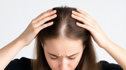 Naklejka premium Person examines hairline, shows concern, expresses frustration, holds head with both hands, focuses on hair health.