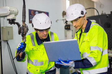 Technician engineer using laptop control automation robotics at industrial modern lab factory. male team technological researching and developing working at factory innovation automation robot.