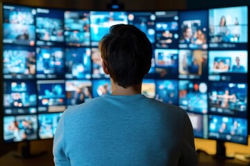 Person Watching Multiple Screens, Digital World Exploration, Information Overload, Technology Immersion Experience