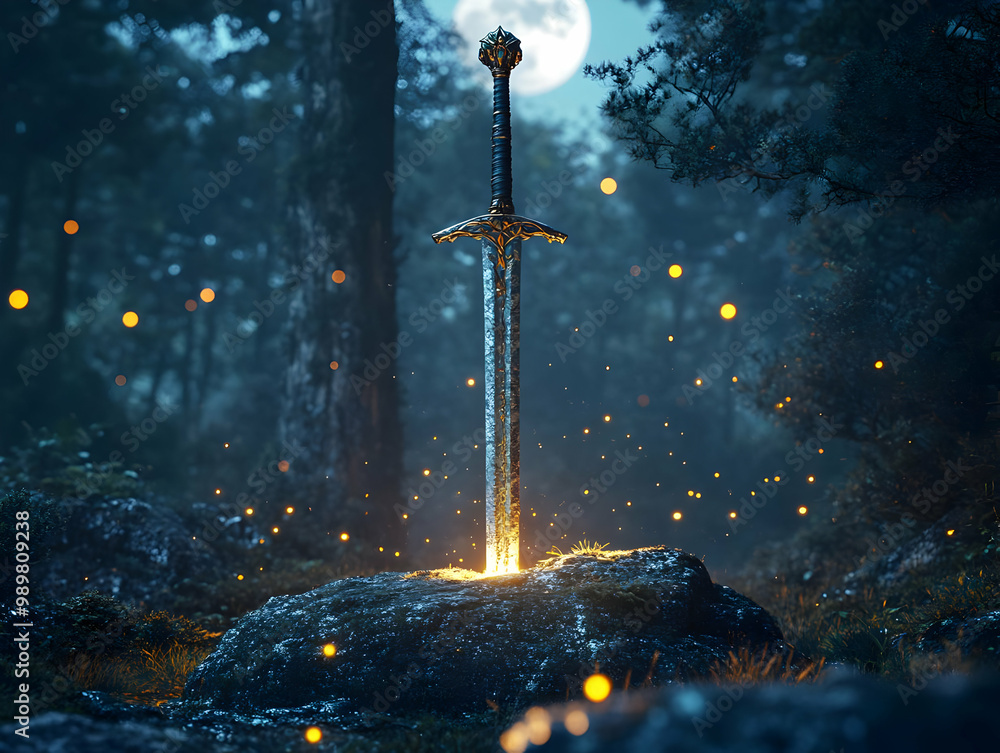 Poster a mystical sword embedded in a stone, illuminated by soft glowing lights in a serene forest at night