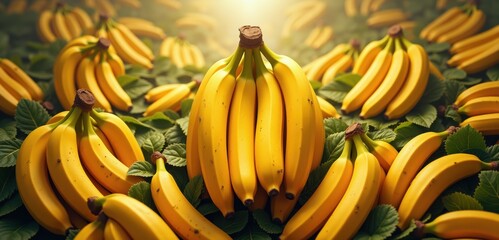 A vibrant display of fresh bananas surrounded by lush leaves, perfect for food-related projects, health promotions, and tropical themes.