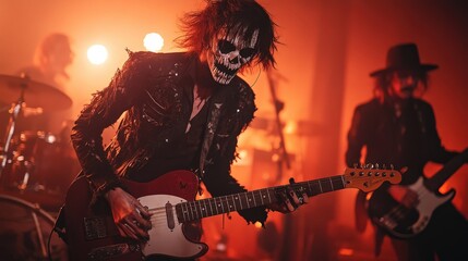 Obraz premium Rock musician performing on stage with dramatic lighting and intense expression.