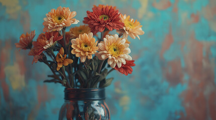 Obraz premium Chrysanthemums in apainted mason jar