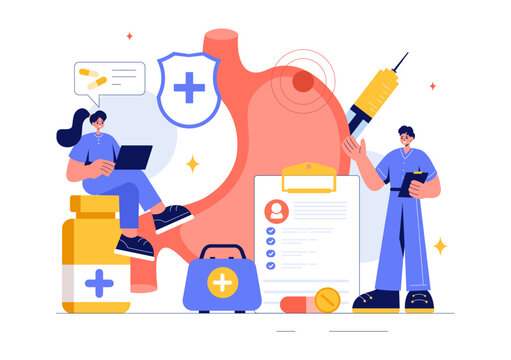 Stomach Health Gastroenterology Vector Illustration Featuring Abdominal Pain and Medical Research for Healthcare in a Flat Style Cartoon Background