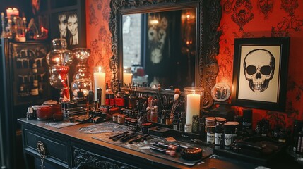 Stylish gothic makeup vanity with candles and dark decor, moody atmosphere.