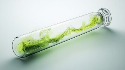 Fototapeta premium Transparent test tube filled with green liquid and swirling patterns.