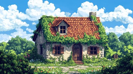 Obraz premium Pixel art of a rustic countryside house surrounded by nature