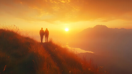 Fototapeta premium Silhouetted couple standing on a hilltop during a stunning sunset, surrounded by nature's beauty and vibrant colors.