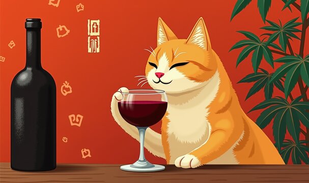 A whimsical illustration of a cat enjoying a glass of wine, set against a vibrant red background with bamboo. Perfect for businesses related to pets, beverages, or art.