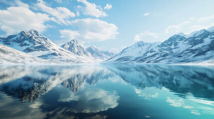 snowy mountain range reflecting in pristine blue lake water - winter landscape scene