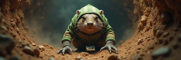 A whimsical, animated character of a mole in a green hoodie emerging from a burrow, perfect for childrens content, educational materials, or playful marketing campaigns.