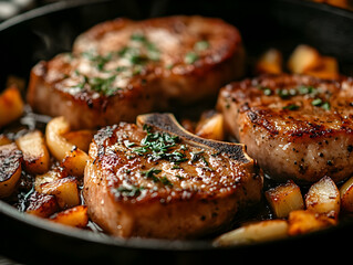Deliciously cooked pork chops served with roasted potatoes in a skillet, garnished with herbs.