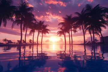 silhouette palm trees sunset tropical pool relaxation vacation idyllic