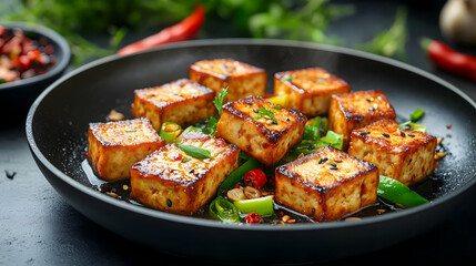 Fototapeta premium Deliciously grilled tofu cubes garnished with fresh herbs and spices, served in a sleek black pan.