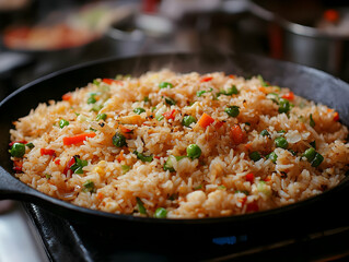 Delicious fried rice with colorful vegetables in a black skillet, freshly cooked and steaming, perfect for a satisfying meal.