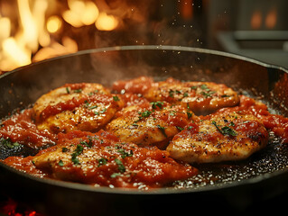 Delicious chicken fillets simmering in a rich tomato sauce with herbs, served in a frying pan, perfect for culinary dishes.